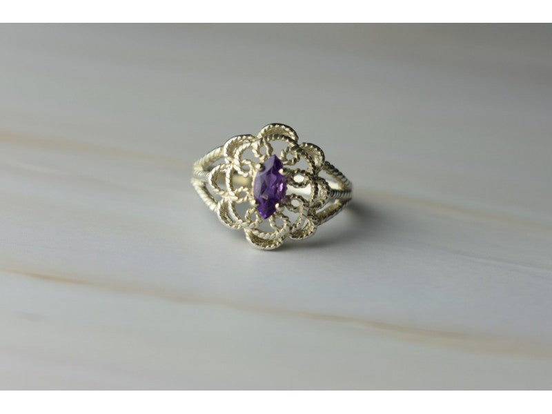 925 Sterling Silver Amethyst "Openwork" Ring Size 8
