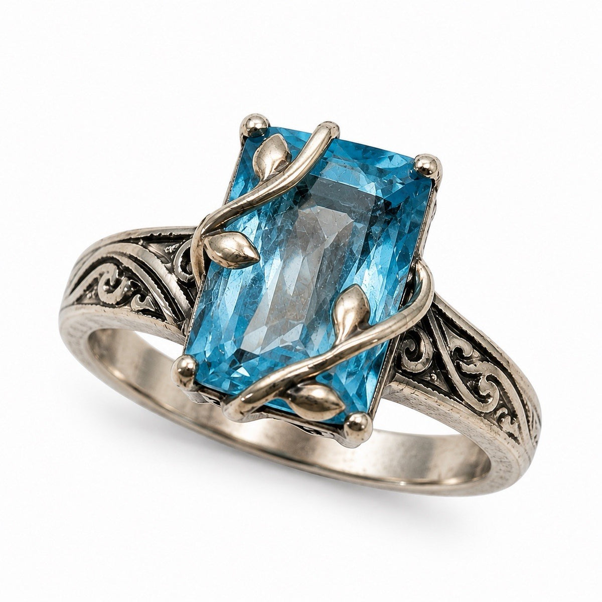 Vine & Leaf Filigree Design 925 Sterling Silver Blue Topaz Ring Size 8