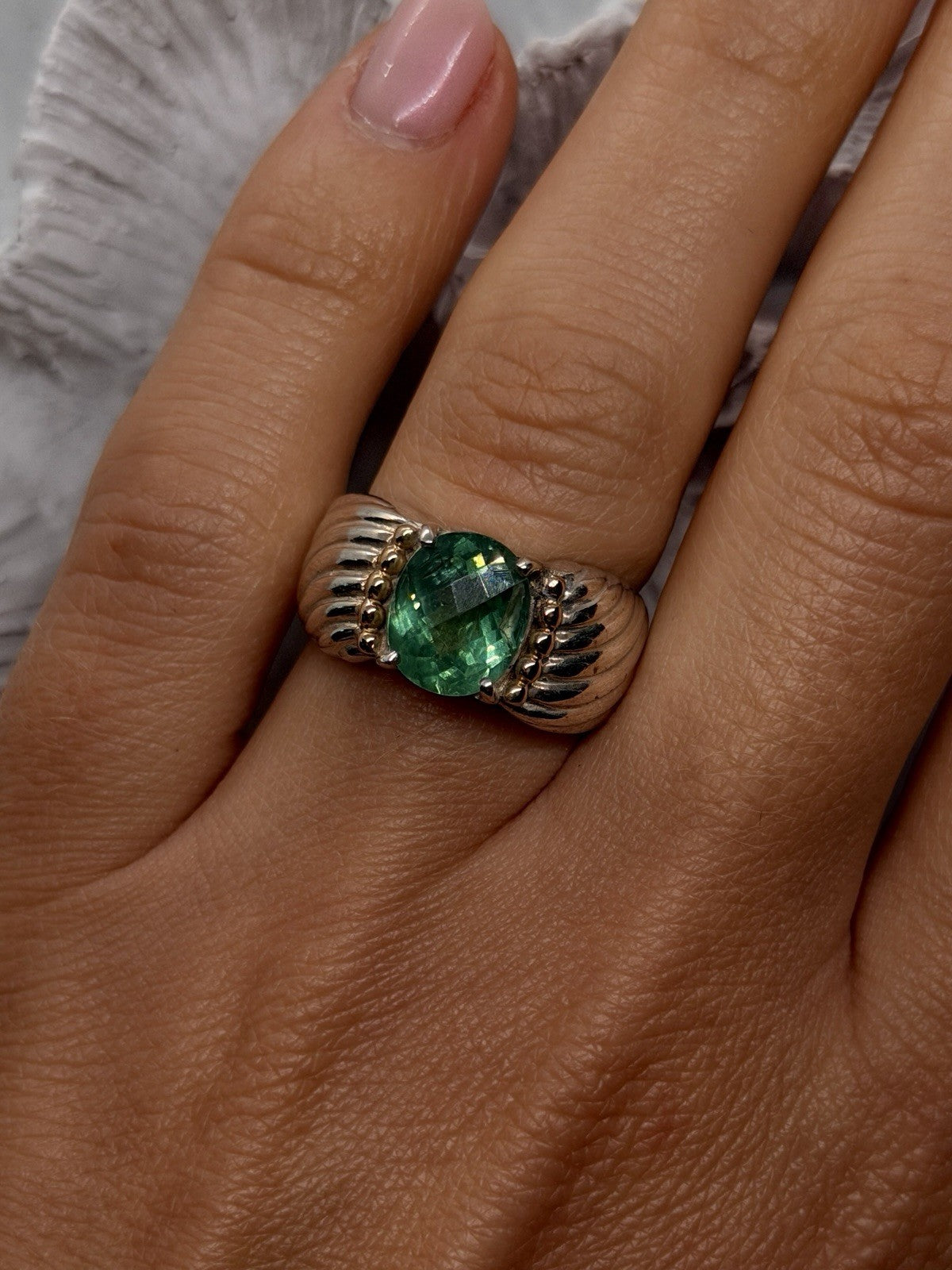 925 Sterling Silver & 14K Yellow Gold Accent Emerald Ring Size 7