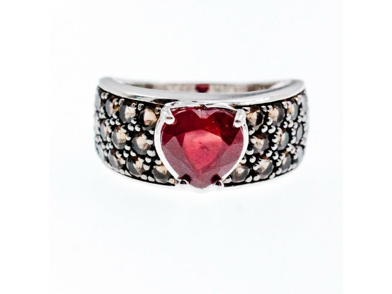 925 Sterling Silver Ruby & Hessonite "Heart" Ring Size 9