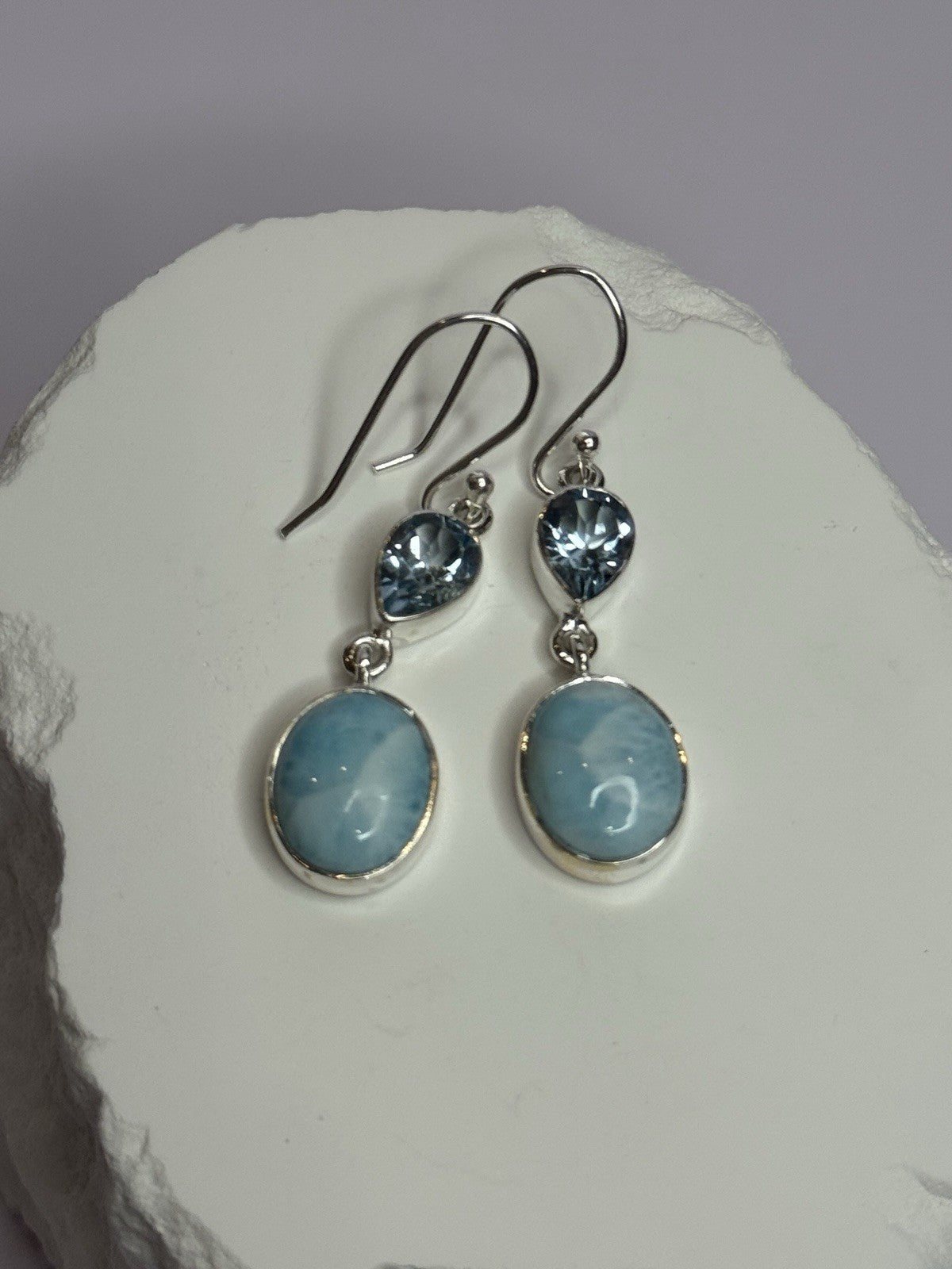 925 Sterling Silver Larimar & Topaz Earrings Length 1.7 Inch
