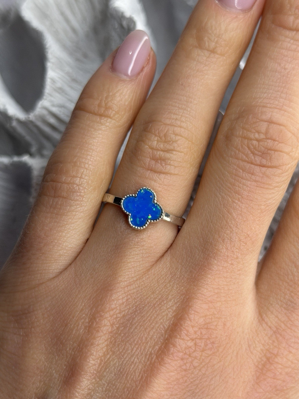 Clover 925 Sterling Silver Blue Simulated Opal Ring Size 7