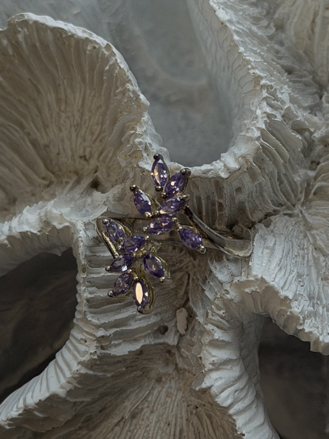 925 Sterling Silver Purple Amethyst Flower Ring Adjustable