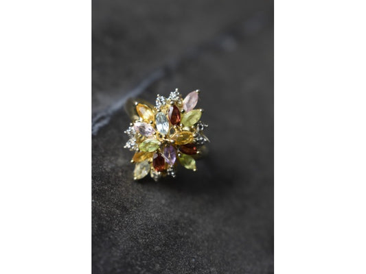 925 Sterling Silver Gold Plated Multi Gemstones Ring Size 6.5