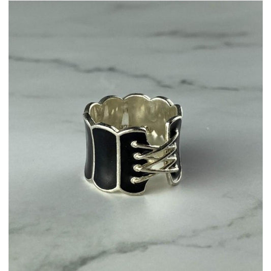 925 Sterling Silver Black Enamel "Corset" Ring Size 7