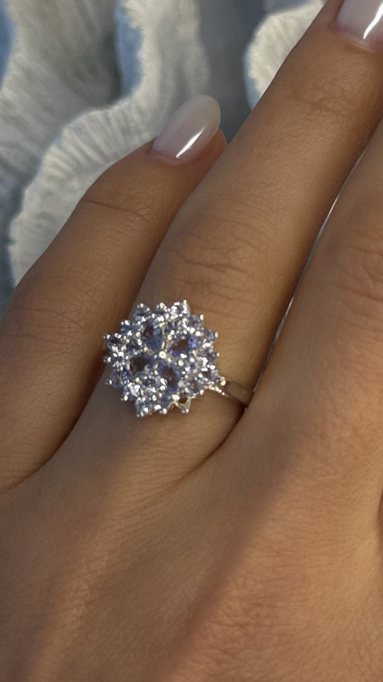 Floral 925 Sterling Silver Tanzanite Ring Size 7