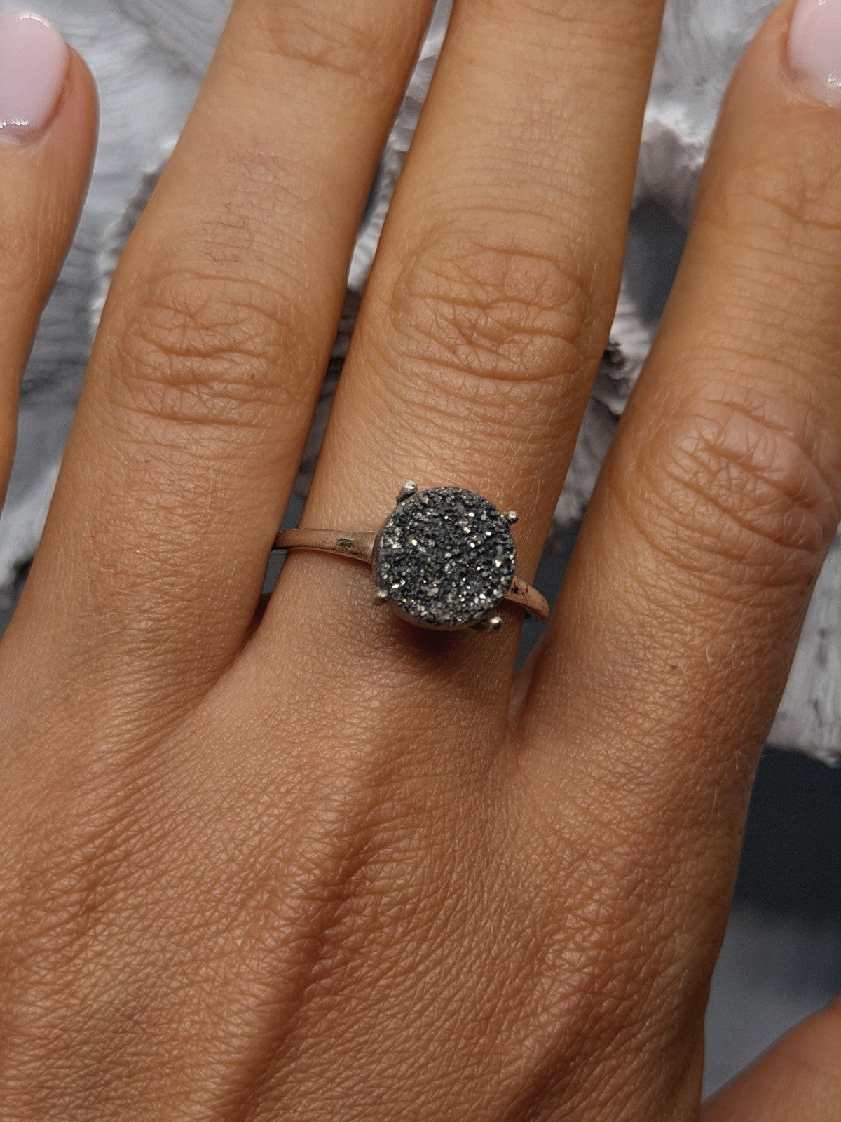 Vintage Sparkling 925 Sterling Silver Druzy Quartz Ring Size 9