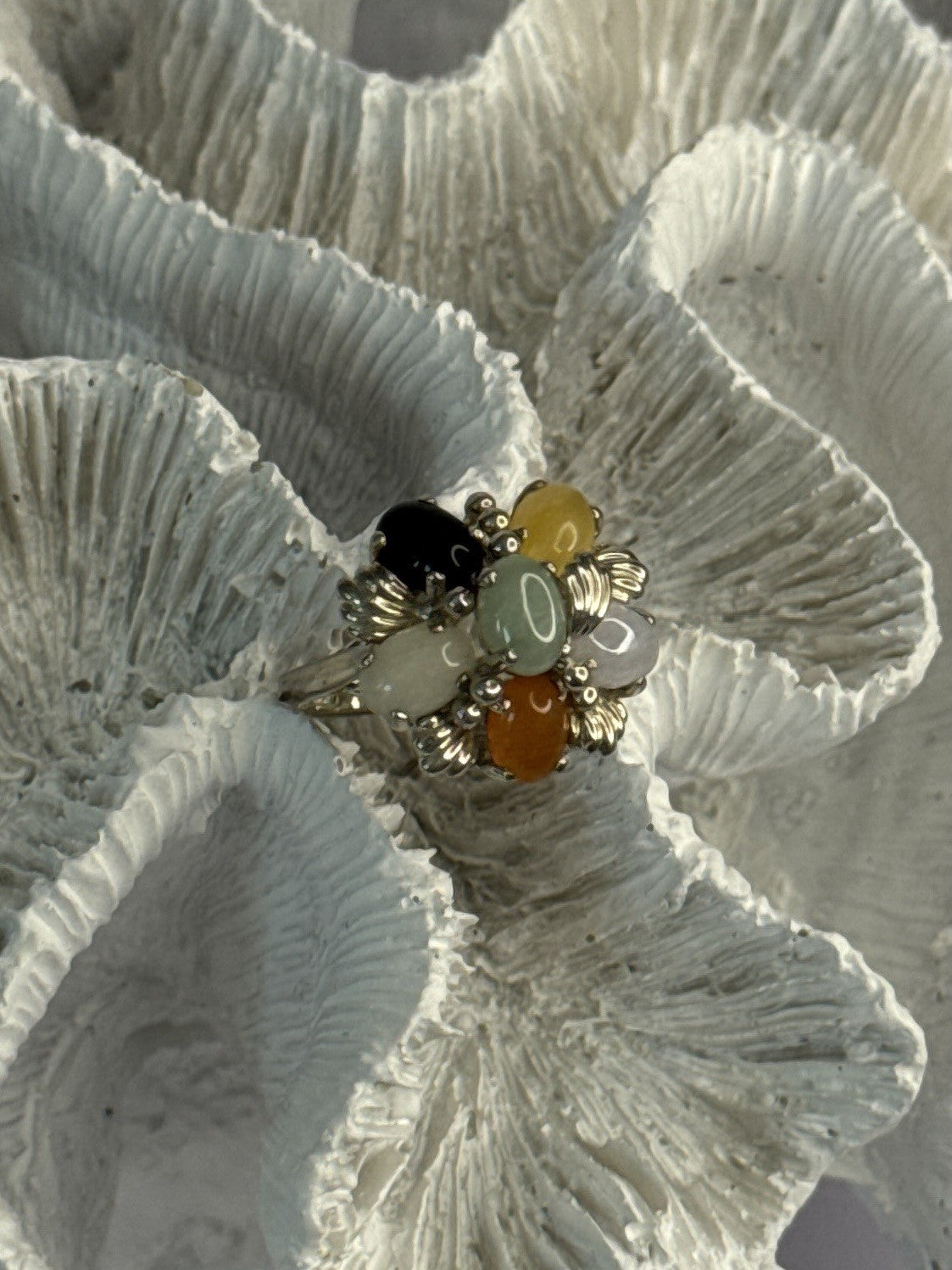 925 Sterling Silver 6 Colors Of Jade Flower Ring Size 8, 9