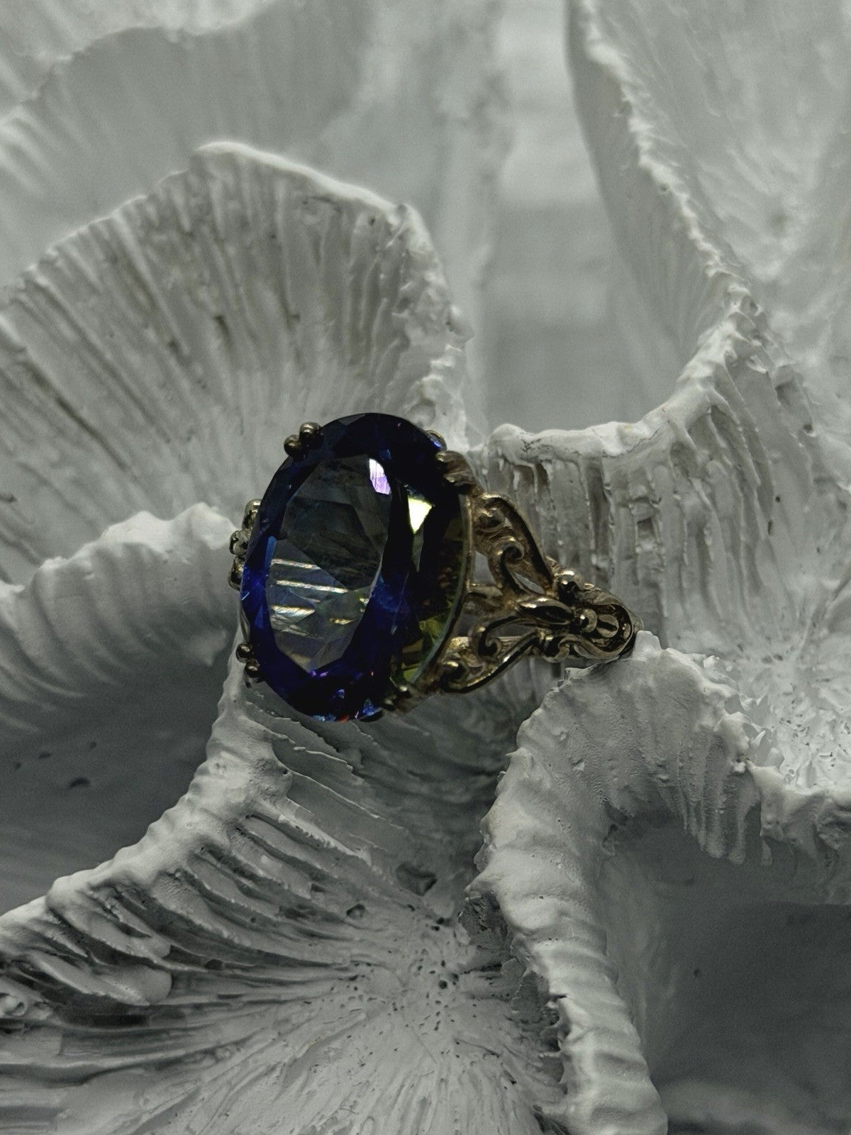 925 Sterling Silver Mystic Topaz Oval Floral Ring Size 8