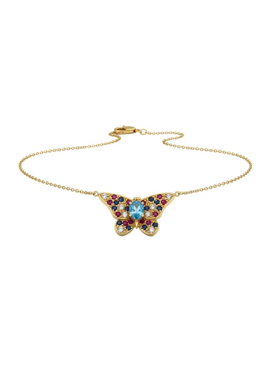 14K Yellow Gold Topaz Ruby Sapphire Diamond Necklace Butterfly