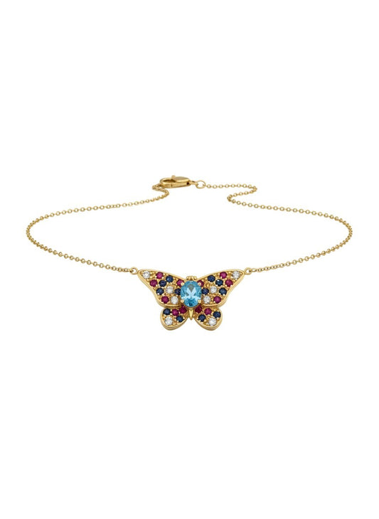 14K Yellow Gold Topaz Ruby Sapphire Diamond Necklace Butterfly