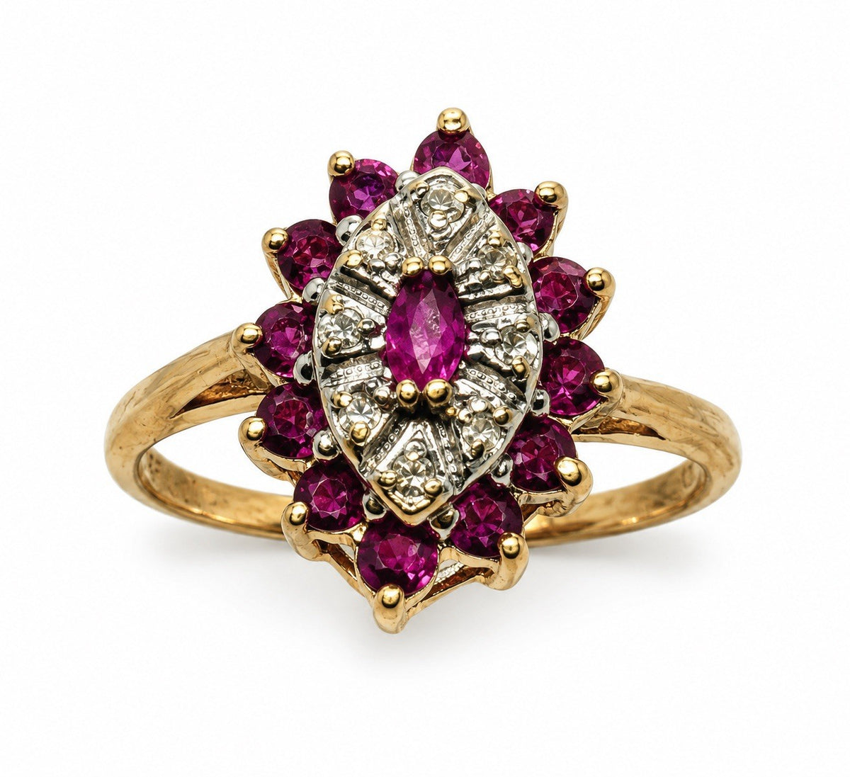 10K Yellow Gold Ruby & Diamond Cocktail Floral Style Ring Size 7.5