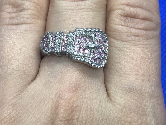 925 Sterling Silver Pink Quartz "Belt" Ring Size 8