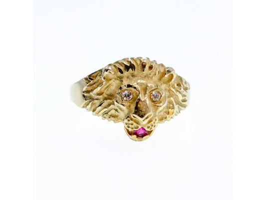 14K Yellow Gold Ruby & Quartz "Lion" Ring Size 8.5