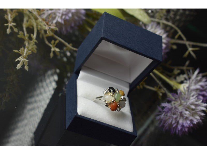925 Sterling Silver Multicolor Agate, Nephrite & Amber Ring Size 10.25