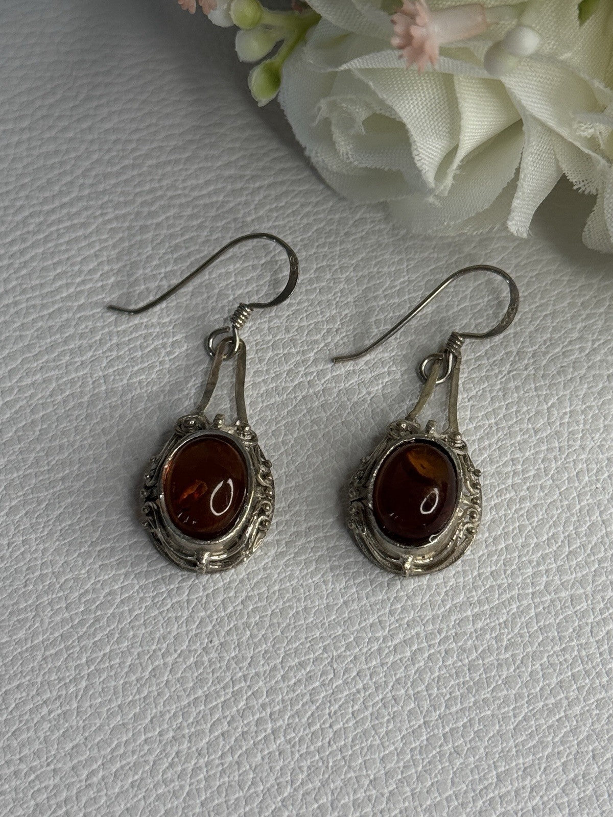 Vintage 925 Sterling Silver Amber Earrings Length 1.40 Inch