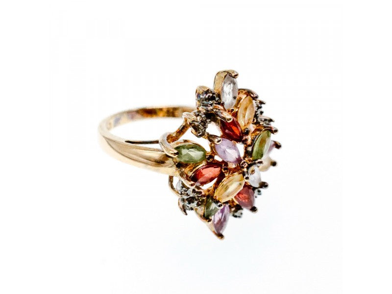 925 Sterling Silver Gold Plated Multi Gemstones "Flower" Ring Size 8