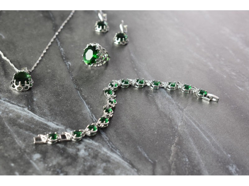 925 Sterling Silver Green CZ "Imitation Emerald" Set