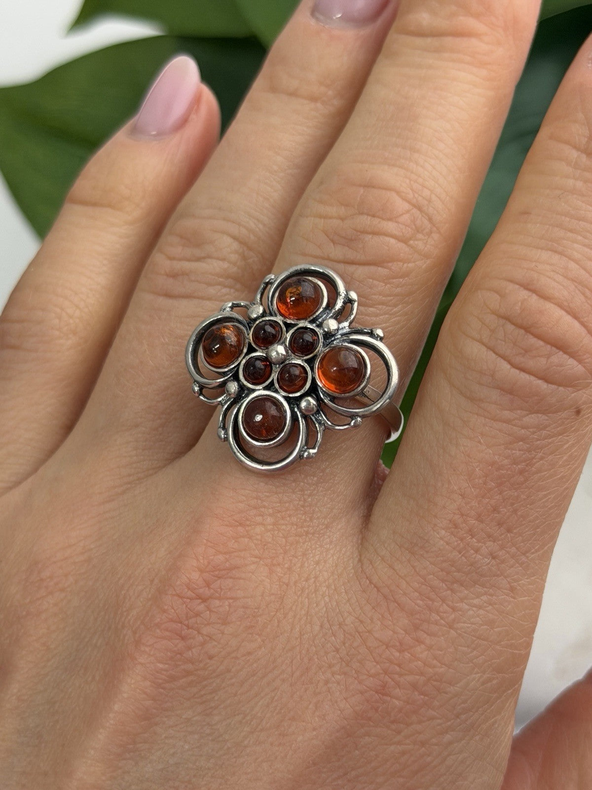 925 Sterling Silver Amber Flower Ring Size 9.5