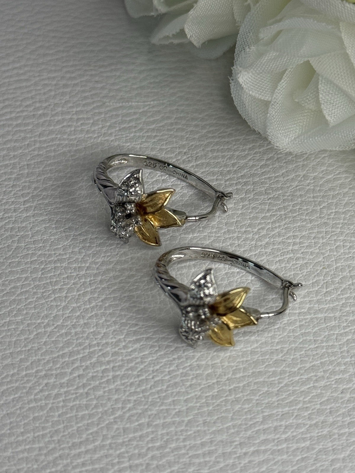 925 Sterling Silver Gold Plated Flowers Earrings Length 0.75 Inch