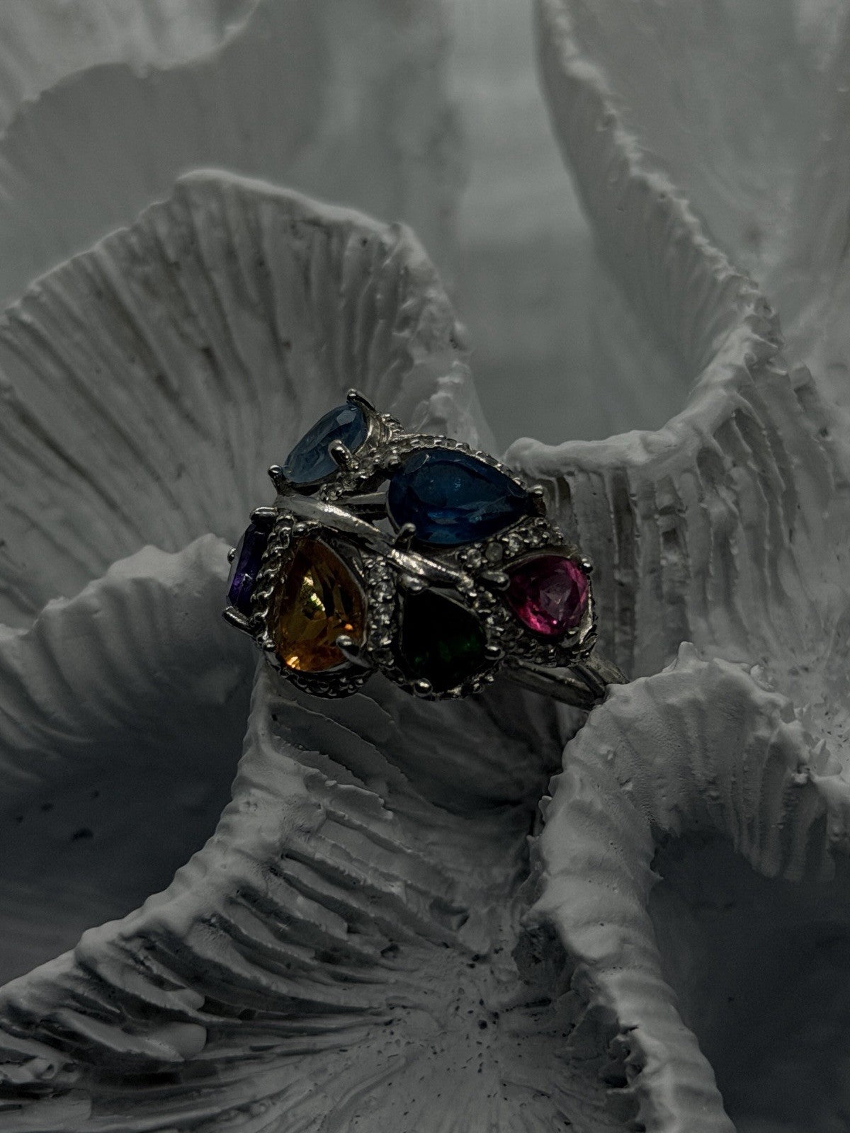 925 Sterling Silver Multi Color Tourmaline  Ring Size 6 Floral Design