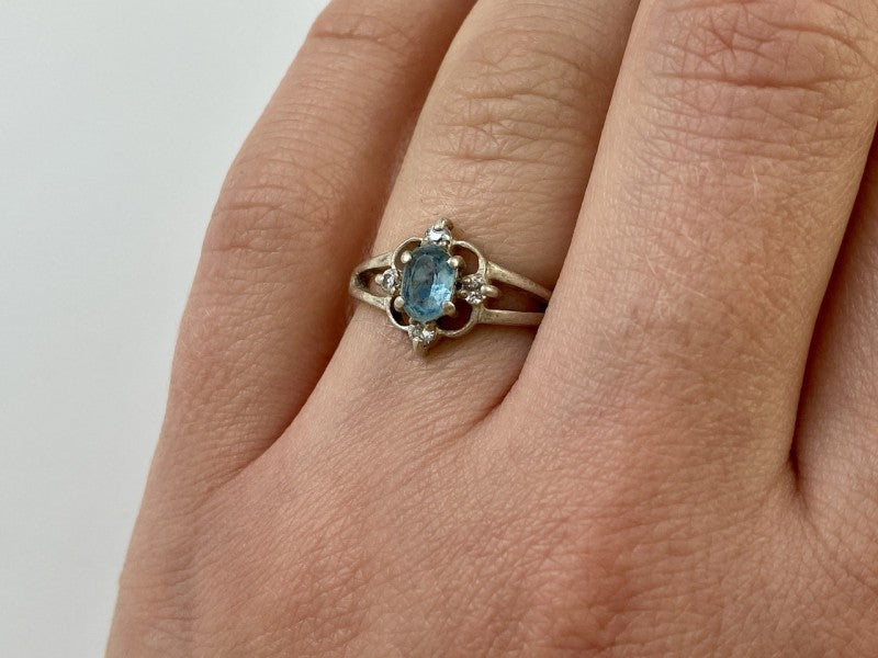 925 Sterling Silver Blue Spinel & CZ Ring Size 6.75