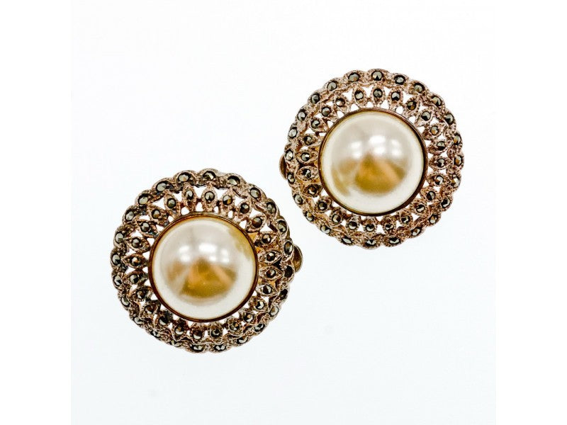 Vintage 925 Sterling Silver Pearl & Marcasites Clip-On Earrings