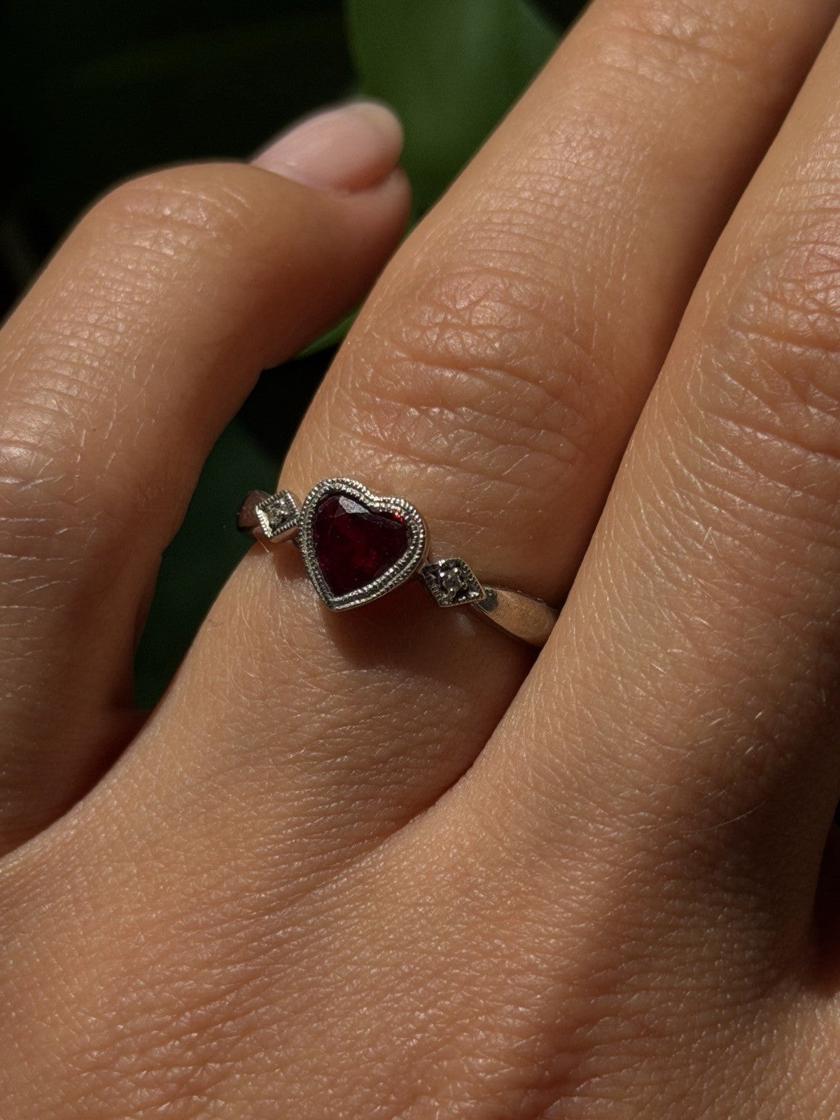 Romantic 10K White Gold Ruby & Diamonds Heart Ring Size 6.5
