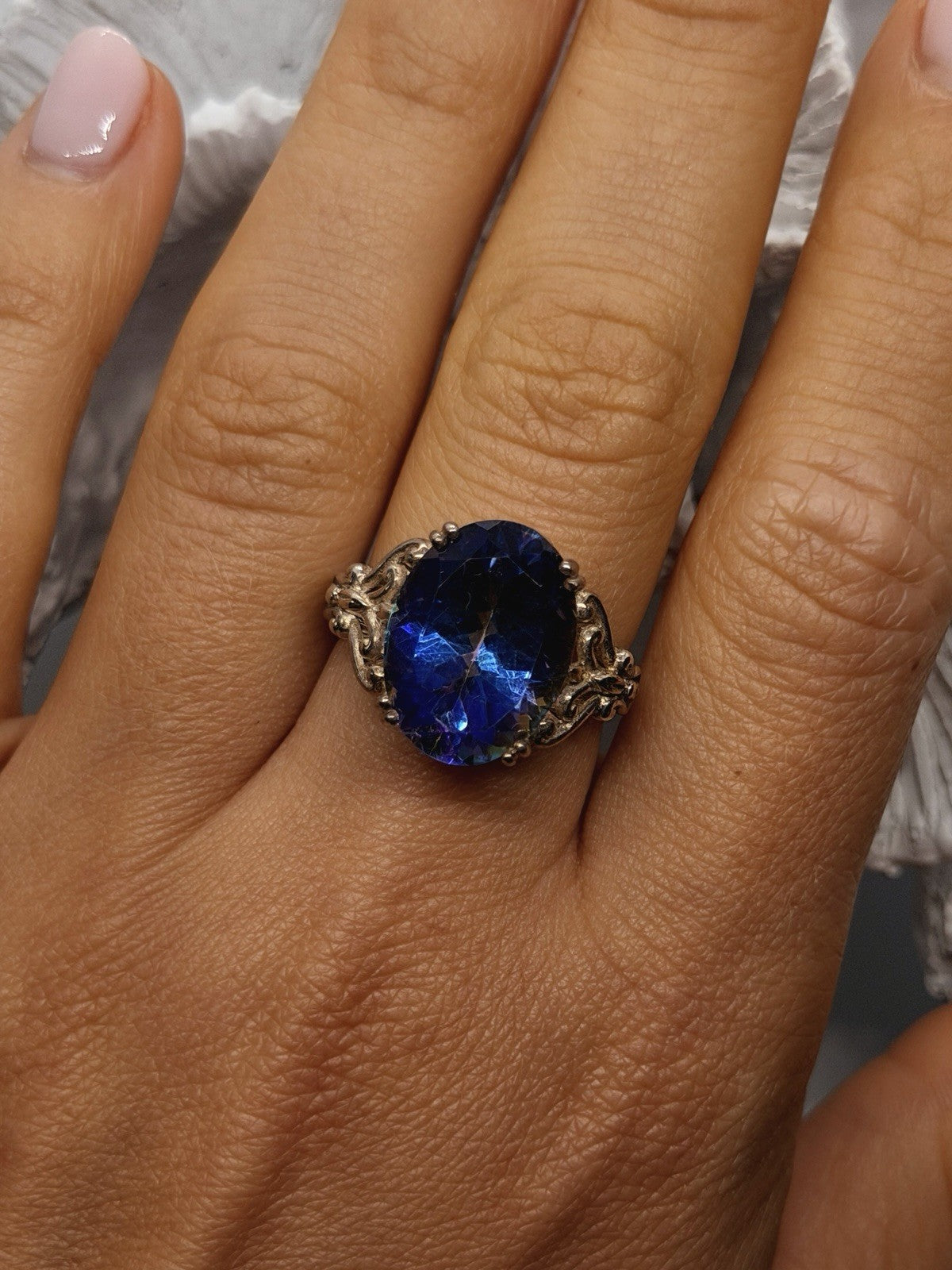925 Sterling Silver Mystic Topaz Oval Floral Ring Size 8