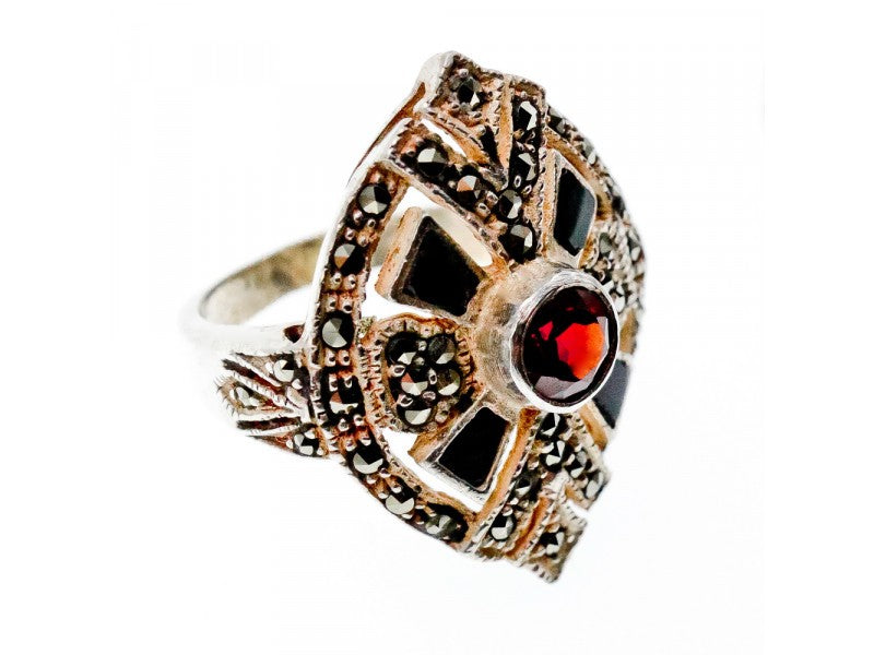 925 Sterling Silver Spessartine, Black Nephrite & Marcasites Ring Size 6.5