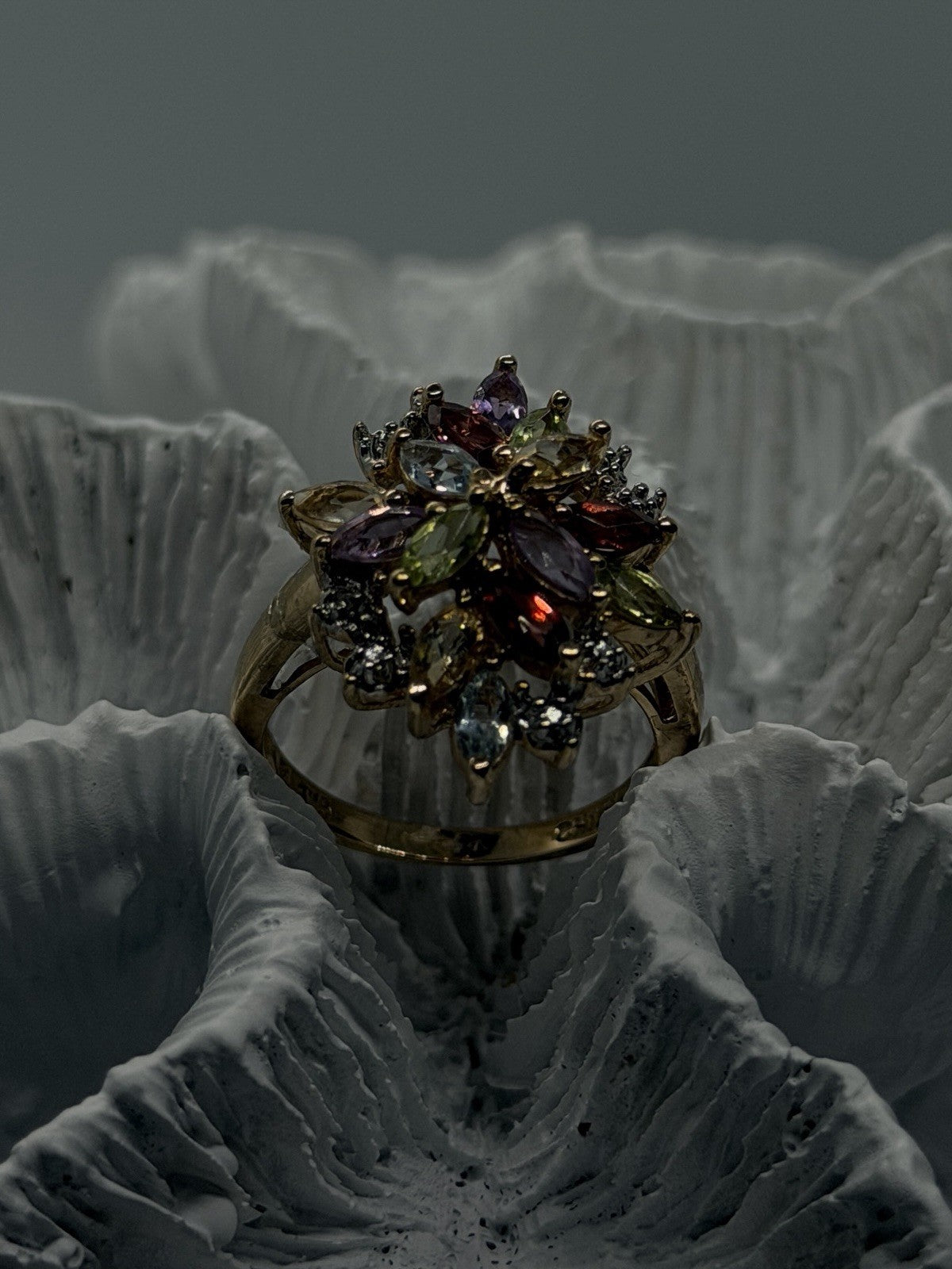925 Sterling Silver Gold Plated Multi-Gemstone Floral Cluster Ring Size 8