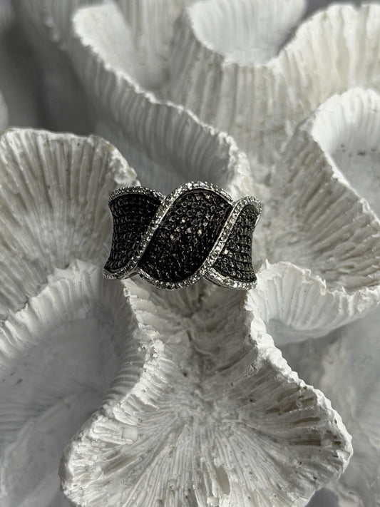 JWBR 925 Sterling Silver Black & White Diamonds Ring Size 7
