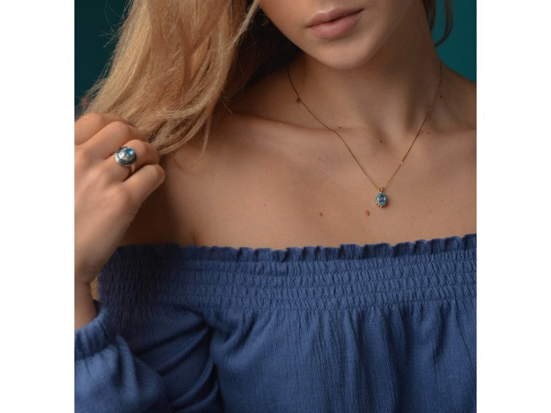 14K Yellow Gold Blue Spinel & CZ Chain With Pendant