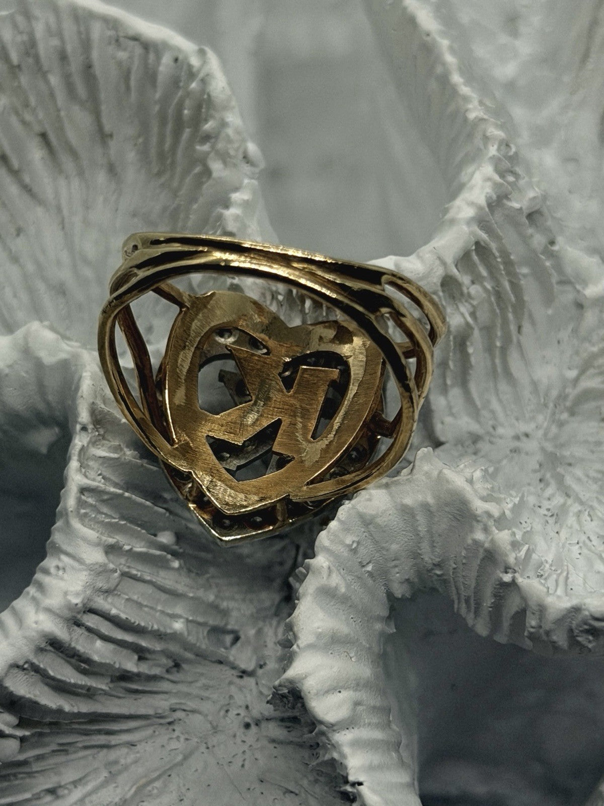 14K Yellow Gold And Diamond Letter ''K'' Heart Ring Size 8.25 Cocktail Estate