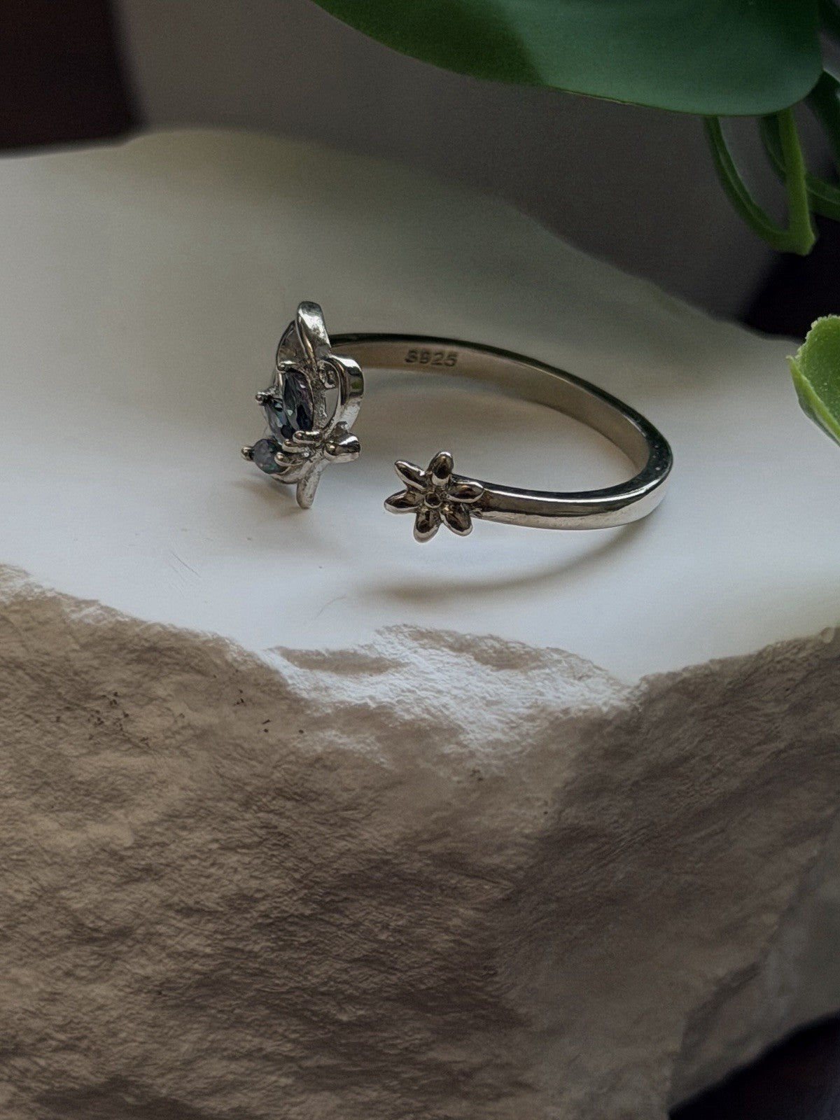 925 Sterling Silver Mystic Topaz Butterfly & Flower Ring Adjustable