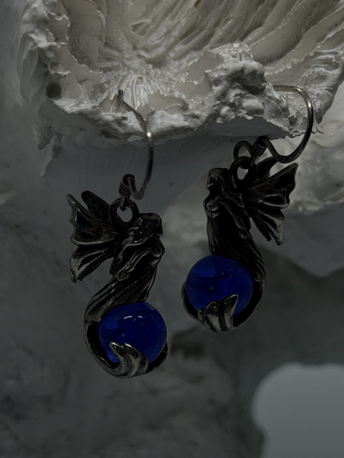 Vintage 925 Sterling Silver Fairy Blue Glass Orb Dangle Earrings Art Nouveau