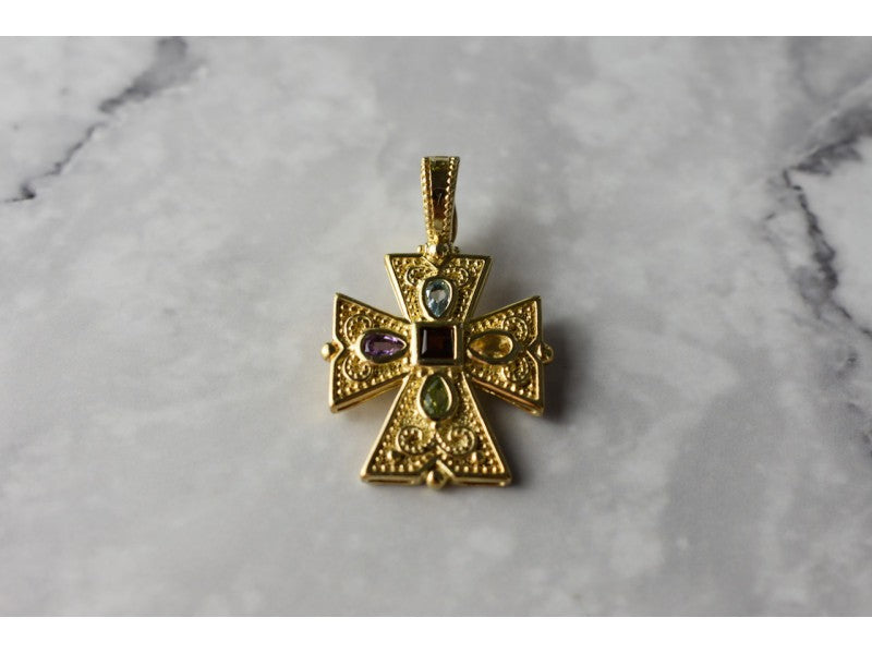 925 Sterling Silver Gold Plated Multi Gemstones Cross Pendant