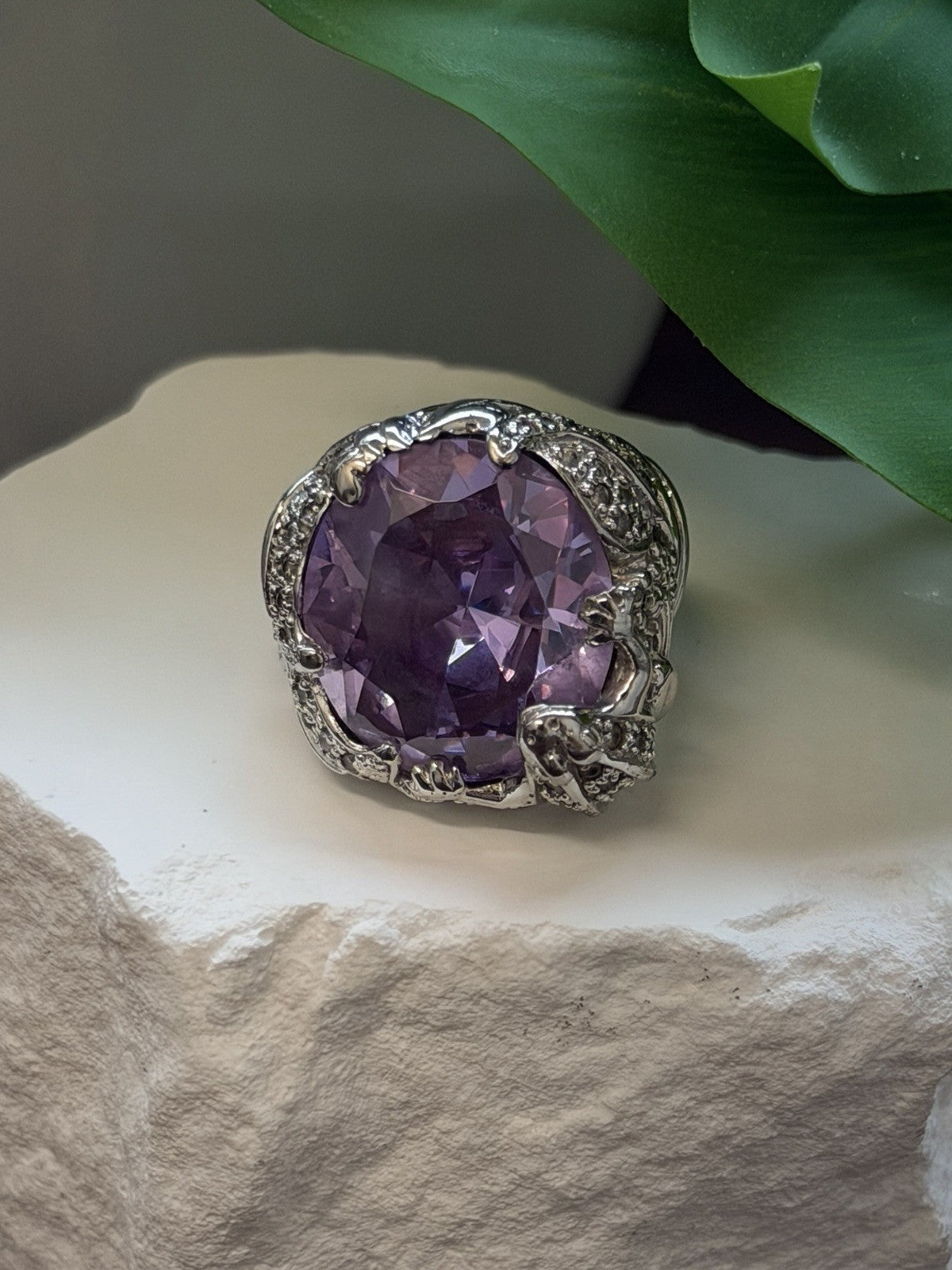 925 Sterling Silver Frog Ring Large Purple Amethyst & White Clear Beryl Size 7