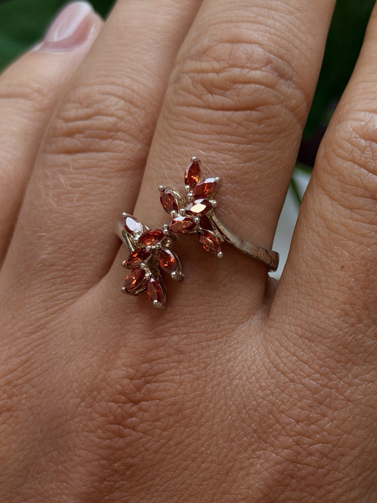925 Sterling Silver garnet Flower Ring Adjustable