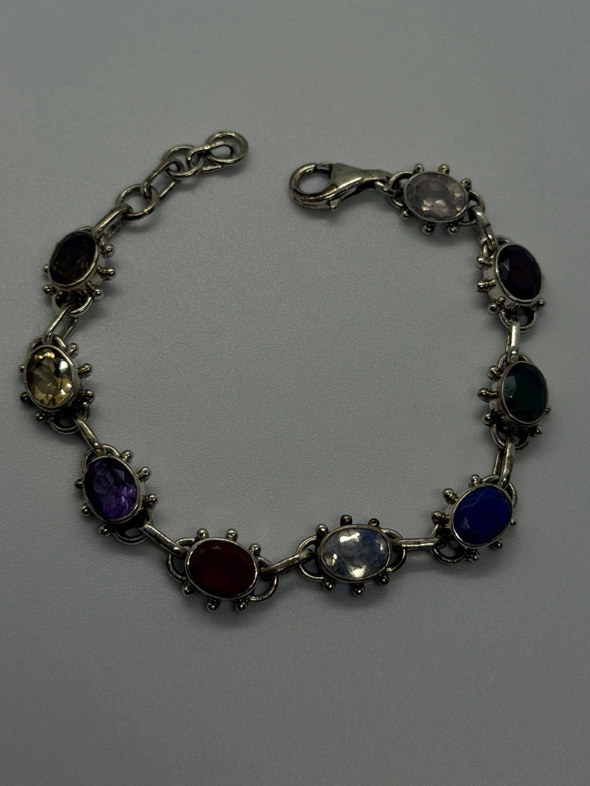 Vintage 925 Sterling Silver Multi-Gemstone Oval Link Bracelet Size 7