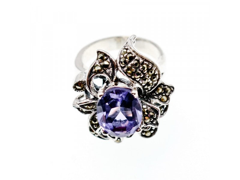 925 Sterling Silver Amethyst & Marcasites Ring Size 7