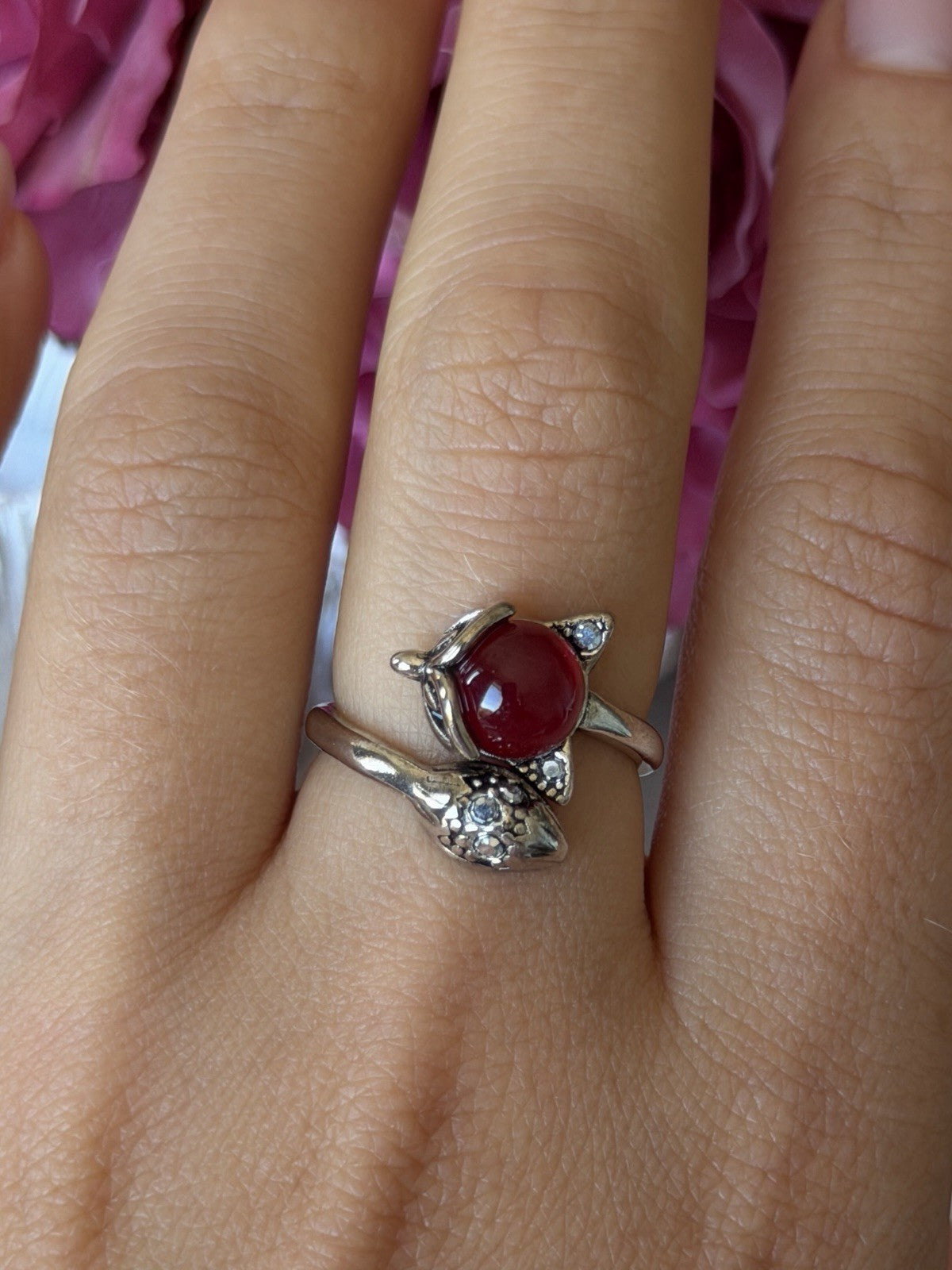 925 Sterling Silver Fox & Snake Red Glass Cabochon Ring Size 9 Sizable