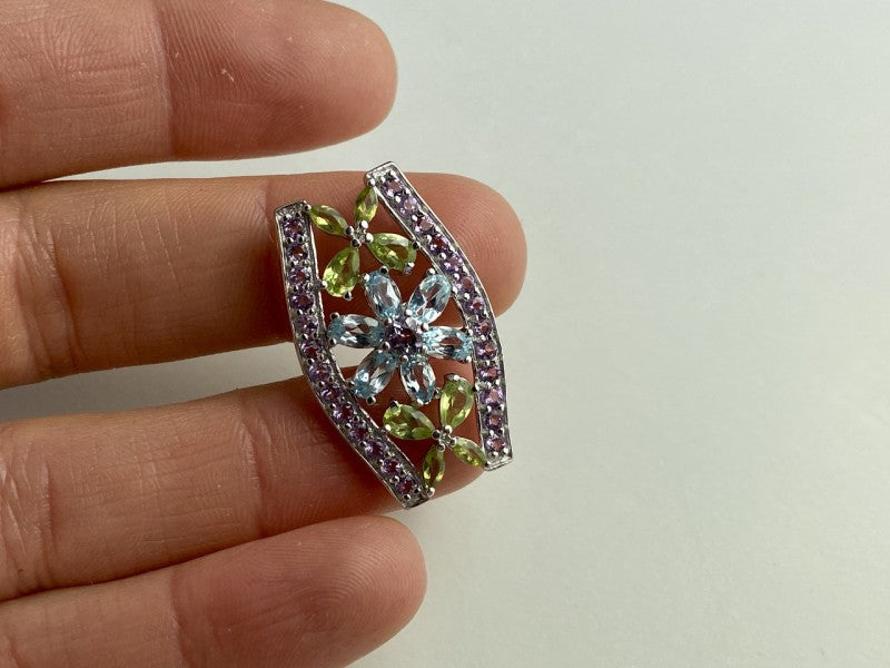 925 Sterling Silver Amethyst, Blue Spinel & Peridot Pendant