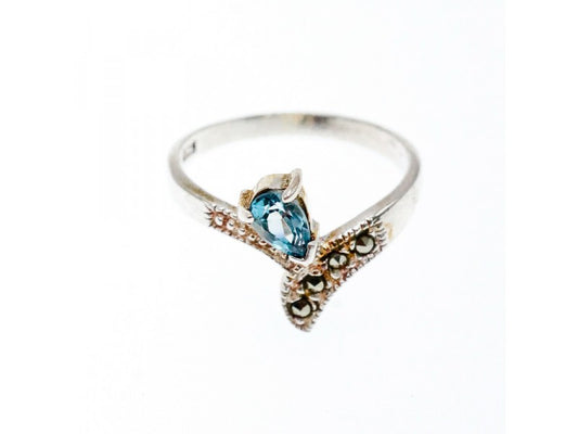925 Sterling Silver Topaz & Marcasites Ring Size 10