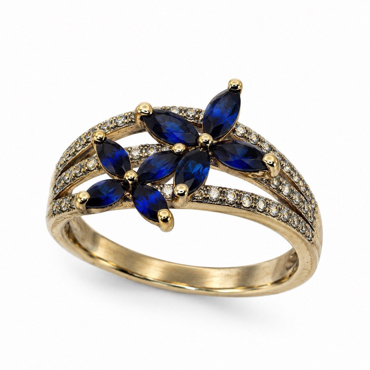 Floral 925 Sterling Silver Gold Plated Blue & White Sapphire Ring Size 7