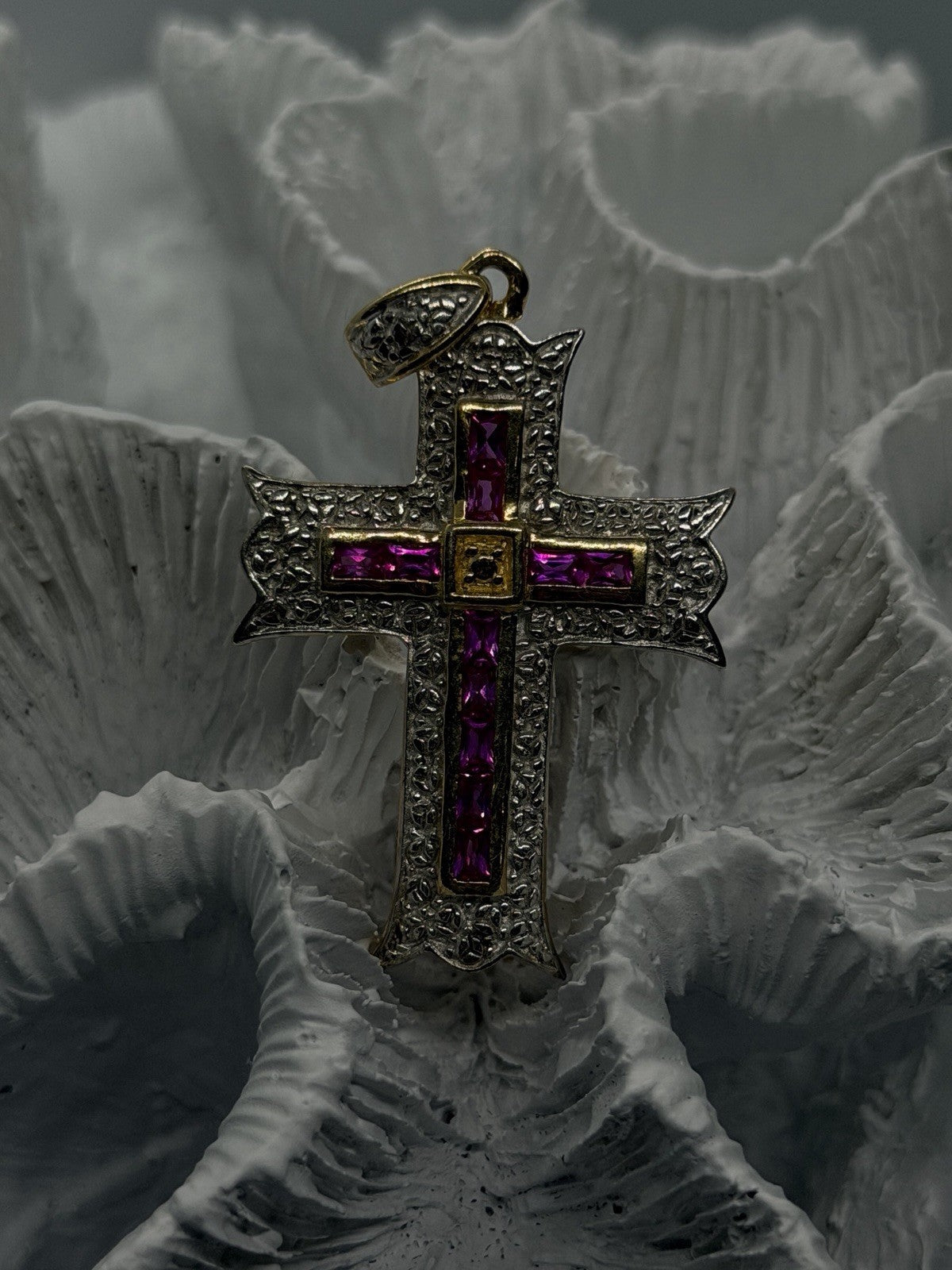 925 Sterling Silver Pink Sapphire Gold plated Cross Pendant