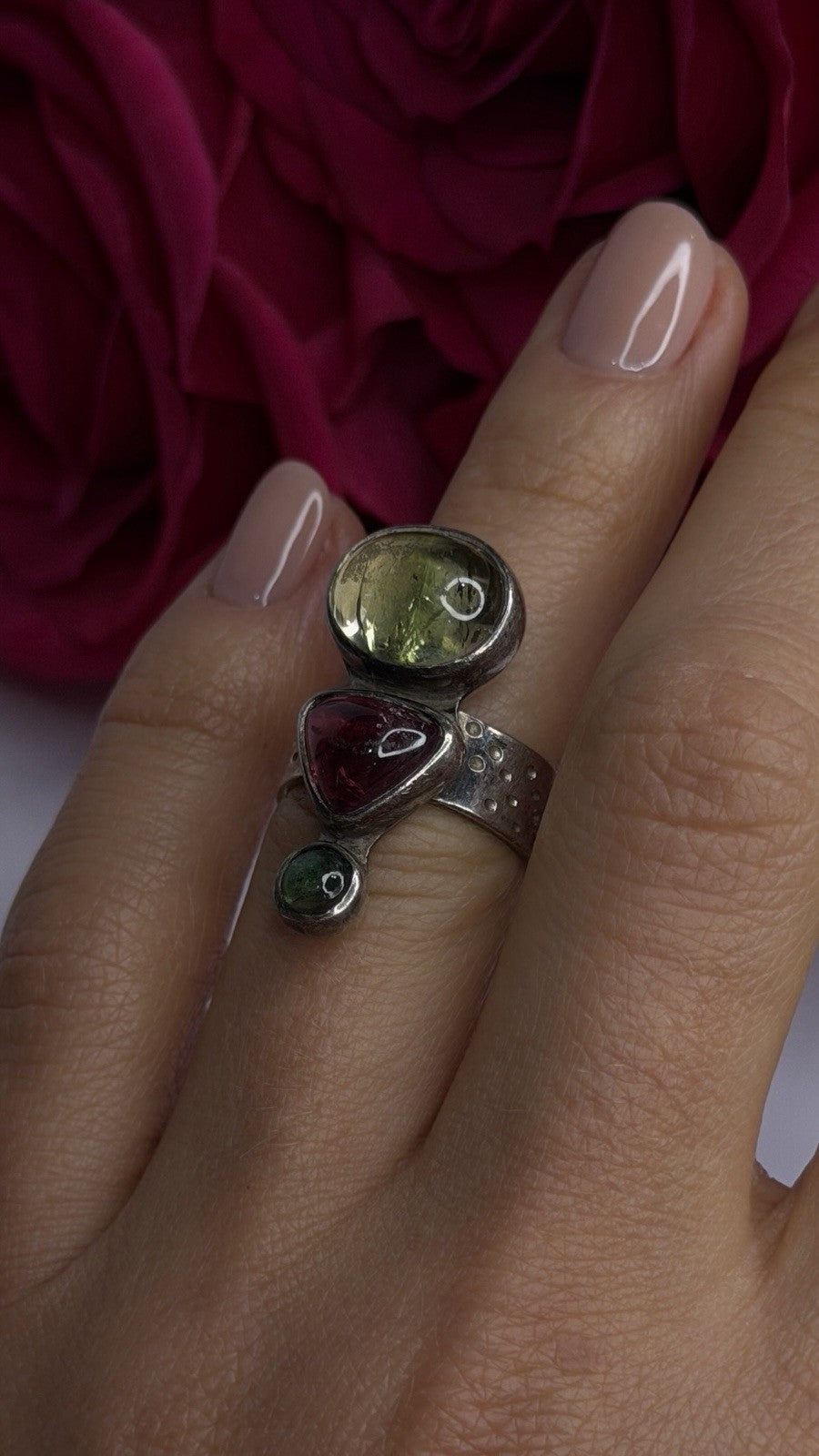 Carol Felley Vintage 925 Sterling Silver Peridot & Tourmaline Ring Size 6.5