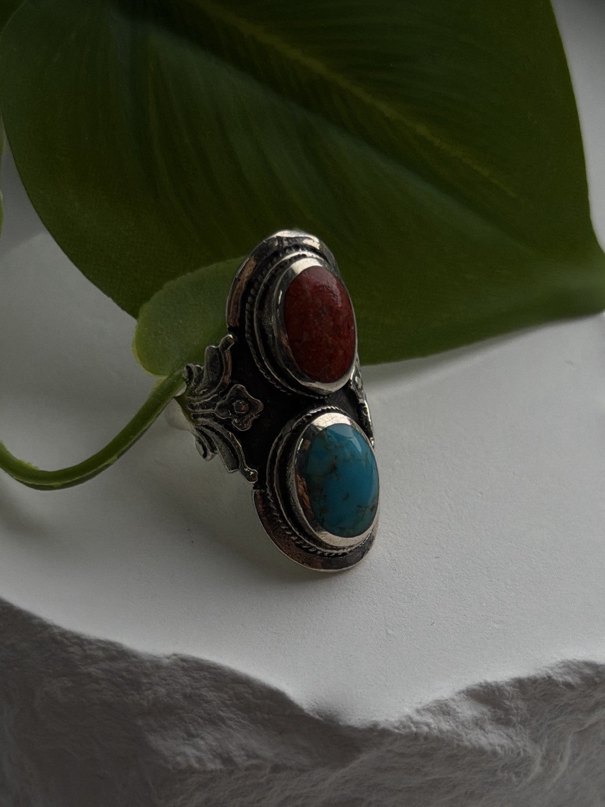 Vintage Boho 925 Sterling Silver Coral & Turquoise Ring Size 5