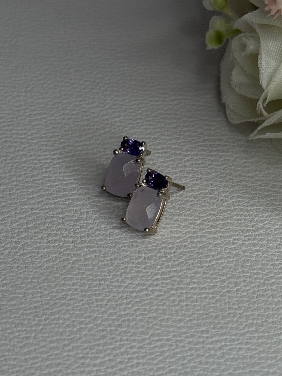 925 Sterling Silver Morganite & Amethyst Earrings Length 0.45 Inch