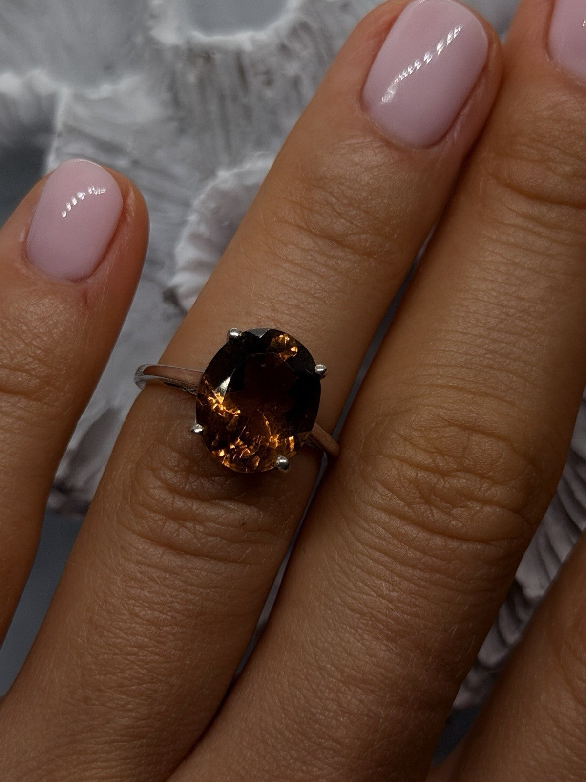 925 Sterling Silver Golden Cognac Brown Smoky Quartz Ring Size 6